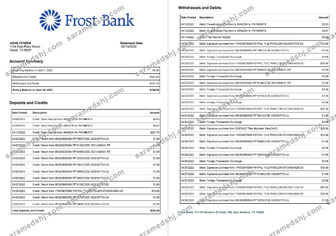 USA Frost bank statement, 2 pages